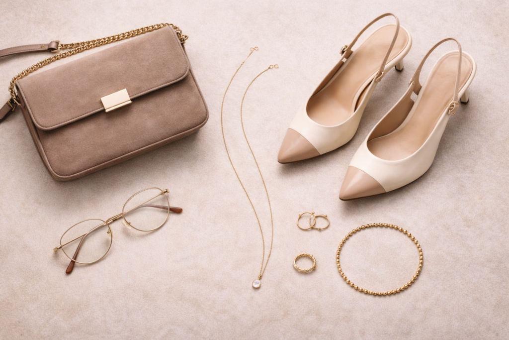 Office siren aesthetic accessories including slim glasses, pointed heels and structured leather tote bag for a polished work look.