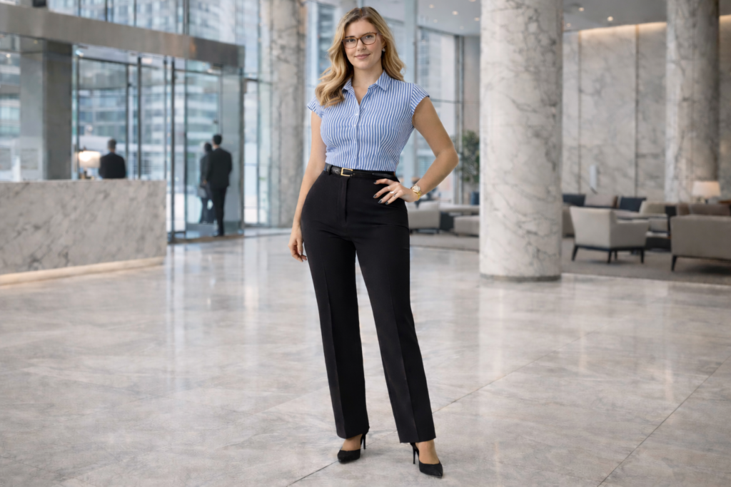 Woman wearing early 2000s inspired office siren outfit with tailored black pants, sleeveless fitted top and pointed heels in a modern corporate office lobby.