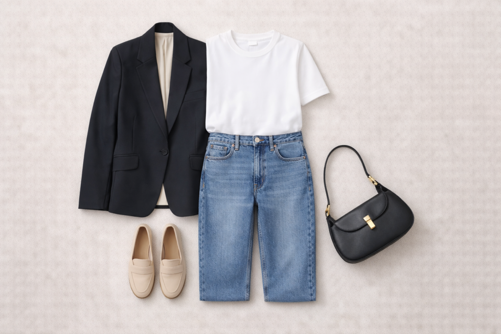 Flat lay showing a simple outfit formula using wardrobe basics including blazer, jeans, t-shirt, loafers and structured bag.