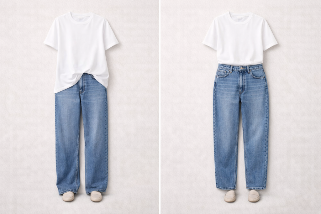 Comparison of outfit proportions showing how balanced fit and styling improve a basic outfit.