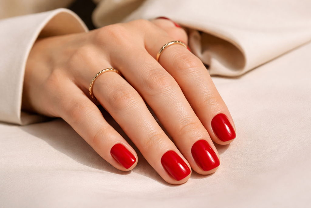 Close-up of a glossy red manicure with minimal gold rings resting on a neutral surface, illustrating the classic beauty aesthetic behind the viral red nail theory.