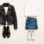 Side-by-side flat lay outfit comparison illustrating sandwich theory in fashion using repeated textures and colour sandwich theory using repeated top and shoe colours