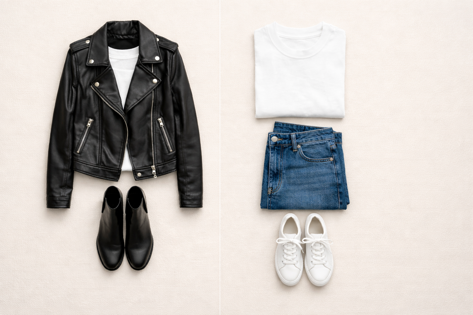 Side-by-side flat lay outfit comparison illustrating sandwich theory in fashion using repeated textures and colour sandwich theory using repeated top and shoe colours