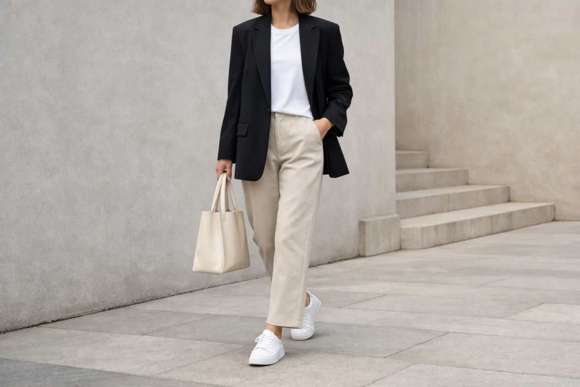 Woman wearing a minimalist Scandinavian outfit with oversized blazer, white t-shirt, straight-leg trousers and sneakers in a neutral-toned setting.