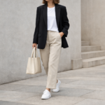 Woman wearing a minimalist Scandinavian outfit with oversized blazer, white t-shirt, straight-leg trousers and sneakers in a neutral-toned setting.