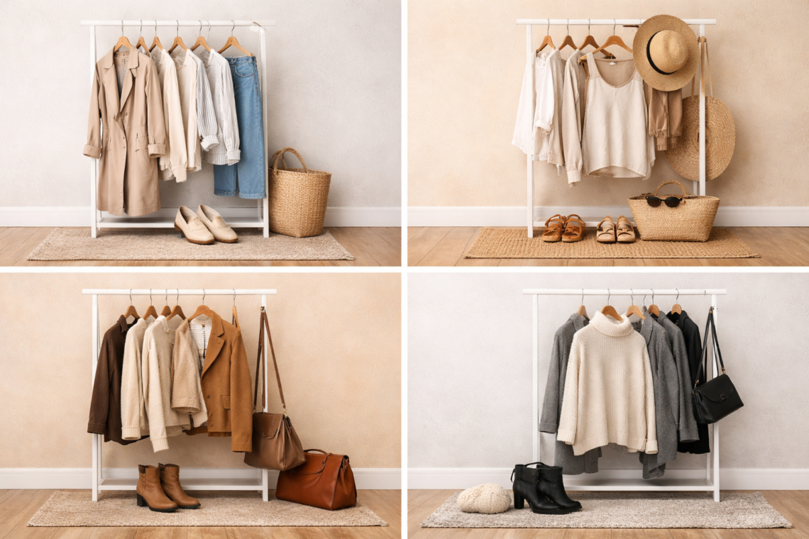Minimalist seasonal capsule wardrobe showing spring, summer, autumn, and winter clothing collections arranged on racks with neutral outfits and accessories.