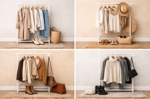 Minimalist seasonal capsule wardrobe showing spring, summer, autumn, and winter clothing collections arranged on racks with neutral outfits and accessories.