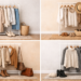 Minimalist seasonal capsule wardrobe showing spring, summer, autumn, and winter clothing collections arranged on racks with neutral outfits and accessories.