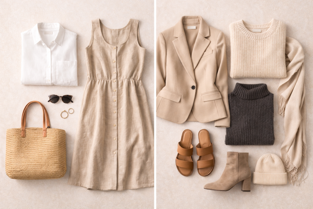 Seasonal capsule wardrobe comparison showing summer clothing like a linen shirt and midi dress alongside winter pieces including a wool coat, knit sweater, and ankle boots.