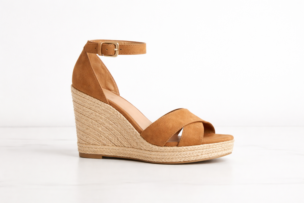 Single wedge heel shoe on neutral background showing comfortable wedge heel design for women.