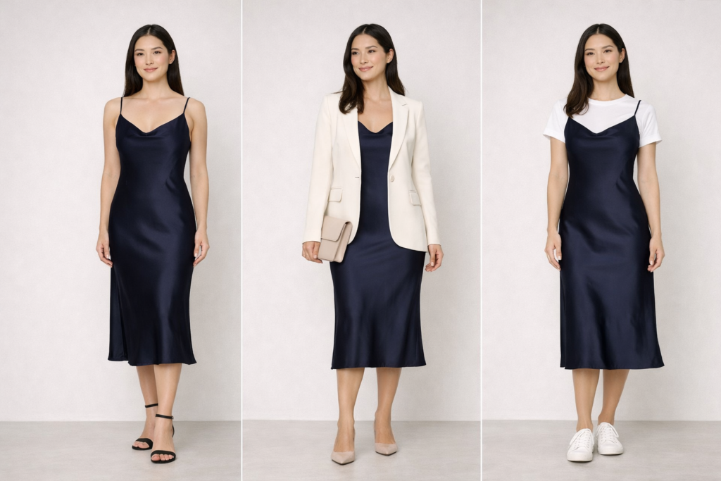 Three ways to style a slip dress including an evening look with heels, a smart casual outfit with a blazer, and a casual layered look with a T-shirt.