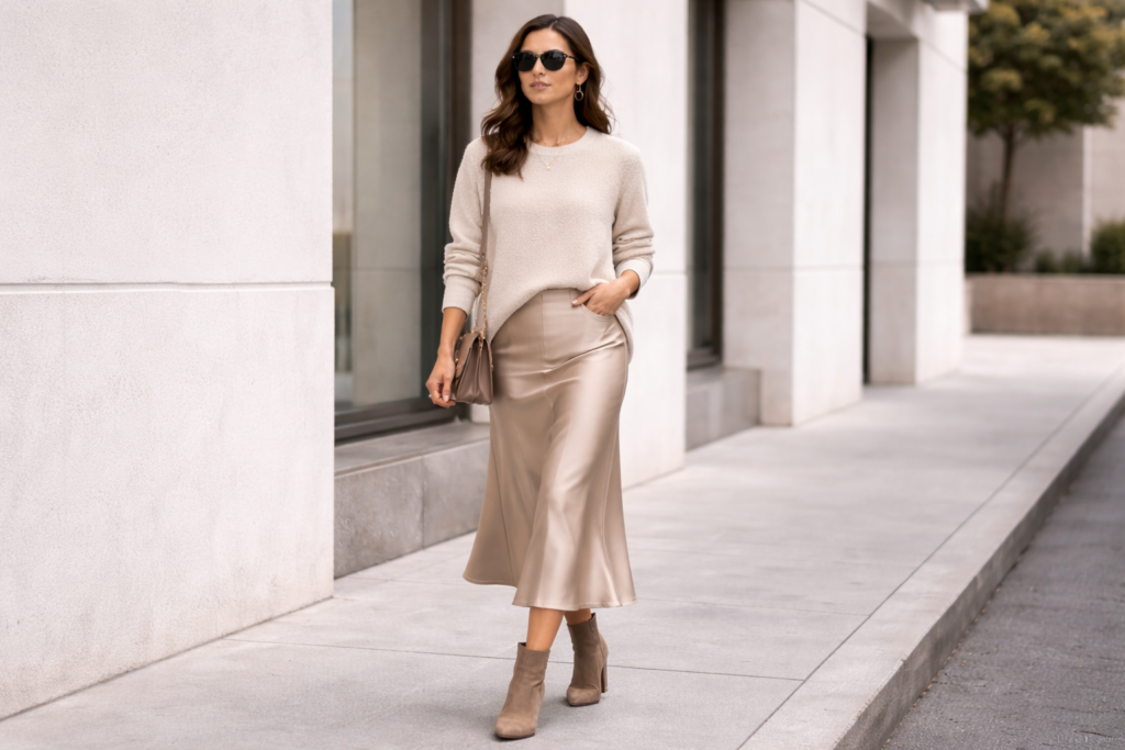 Slip skirt styled with an oversized knit sweater and boots creating a chic minimalist outfit that looks elegant and expensive.