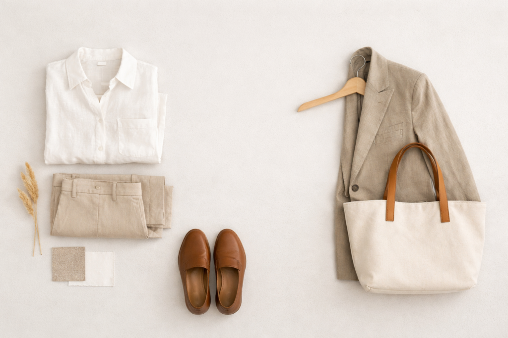 Neutral slow fashion capsule wardrobe flat lay featuring linen shirt, tailored blazer, trousers, loafers and tote bag in minimalist aesthetic.