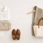 Neutral slow fashion capsule wardrobe flat lay featuring linen shirt, tailored blazer, trousers, loafers and tote bag in minimalist aesthetic.