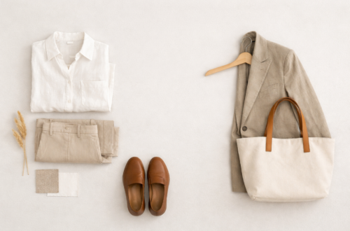 Neutral slow fashion capsule wardrobe flat lay featuring linen shirt, tailored blazer, trousers, loafers and tote bag in minimalist aesthetic.