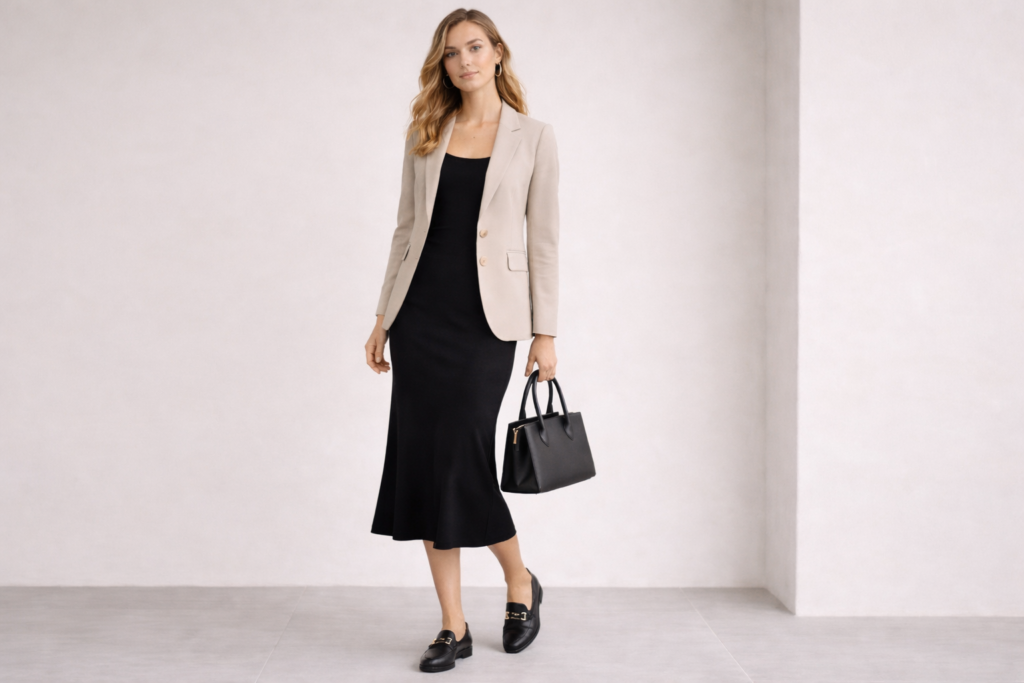 Smart casual black dress outfit styled with blazer loafers and structured handbag.