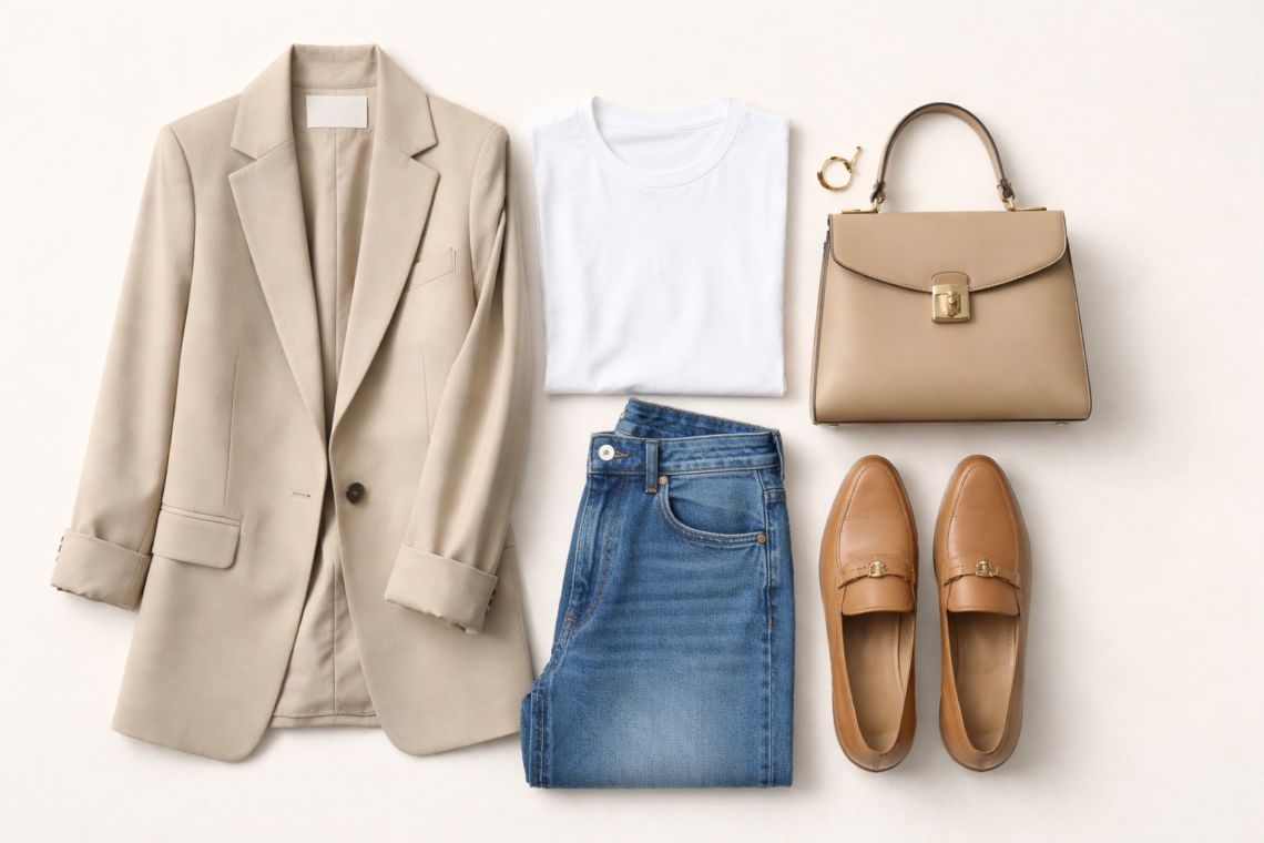 Flat lay of a smart casual outfit featuring a blazer, white T-shirt, straight-leg jeans, loafers, and a structured handbag on a neutral background.