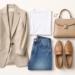 Flat lay of a smart casual outfit featuring a blazer, white T-shirt, straight-leg jeans, loafers, and a structured handbag on a neutral background.