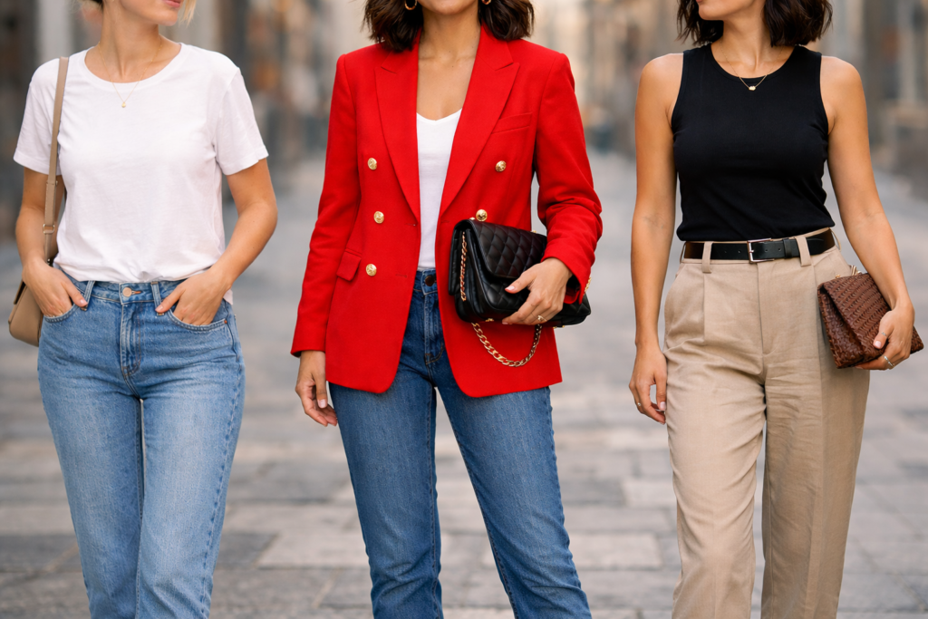 Outfit example showing the statement piece rule with a bold red blazer styled against neutral minimalist outfits.
