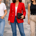 Outfit example showing the statement piece rule with a bold red blazer styled against neutral minimalist outfits.