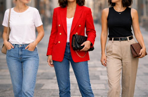 Outfit example showing the statement piece rule with a bold red blazer styled against neutral minimalist outfits.
