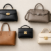 Flat lay of different structured handbag types including a top-handle bag, satchel, structured tote, box bag, and mini top-handle bag arranged on a neutral background.