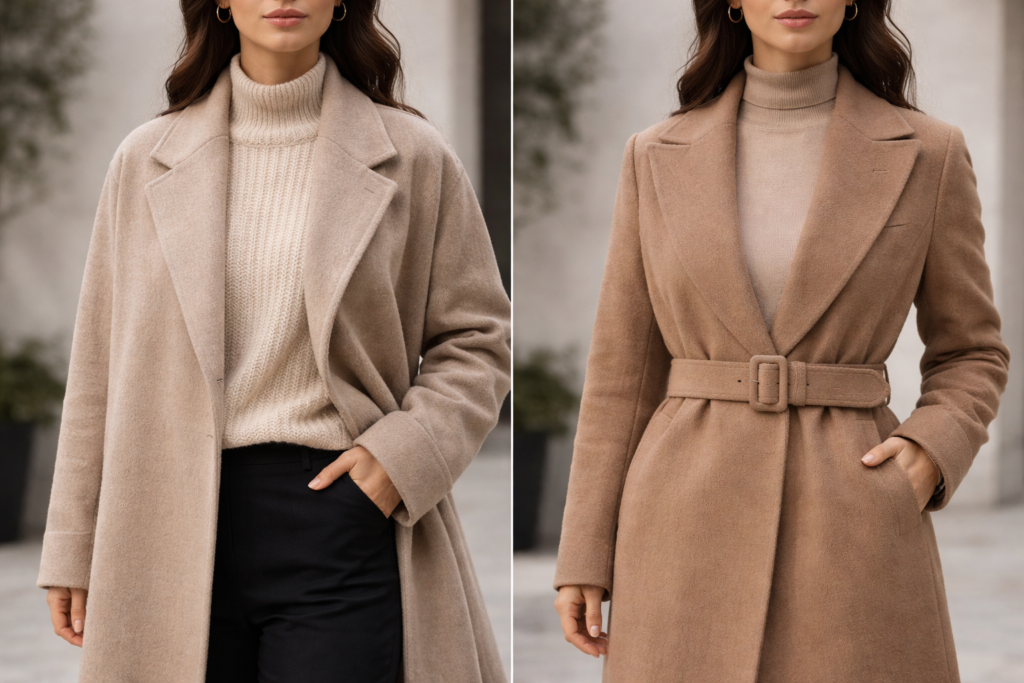 Comparison of structured coat versus unstructured outerwear showing how tailored layers define shape and reduce bulk in winter outfits.