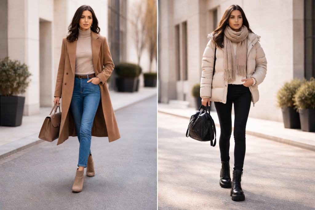 Comparison of thin layered outfit versus thick bulky winter outfit showing how lightweight layers create a cleaner silhouette.