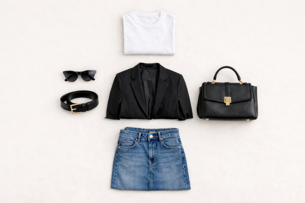 Flat lay outfit showing the third piece rule in fashion with white T-shirt, blue jeans, black blazer and accessories arranged as a styling formula.