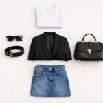 Flat lay outfit showing the third piece rule in fashion with white T-shirt, blue jeans, black blazer and accessories arranged as a styling formula.