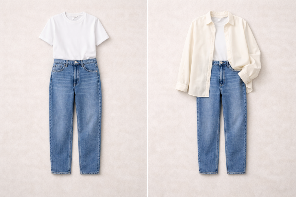 Example of the third piece rule in fashion showing how layering a blazer or shirt adds depth to a basic outfit.