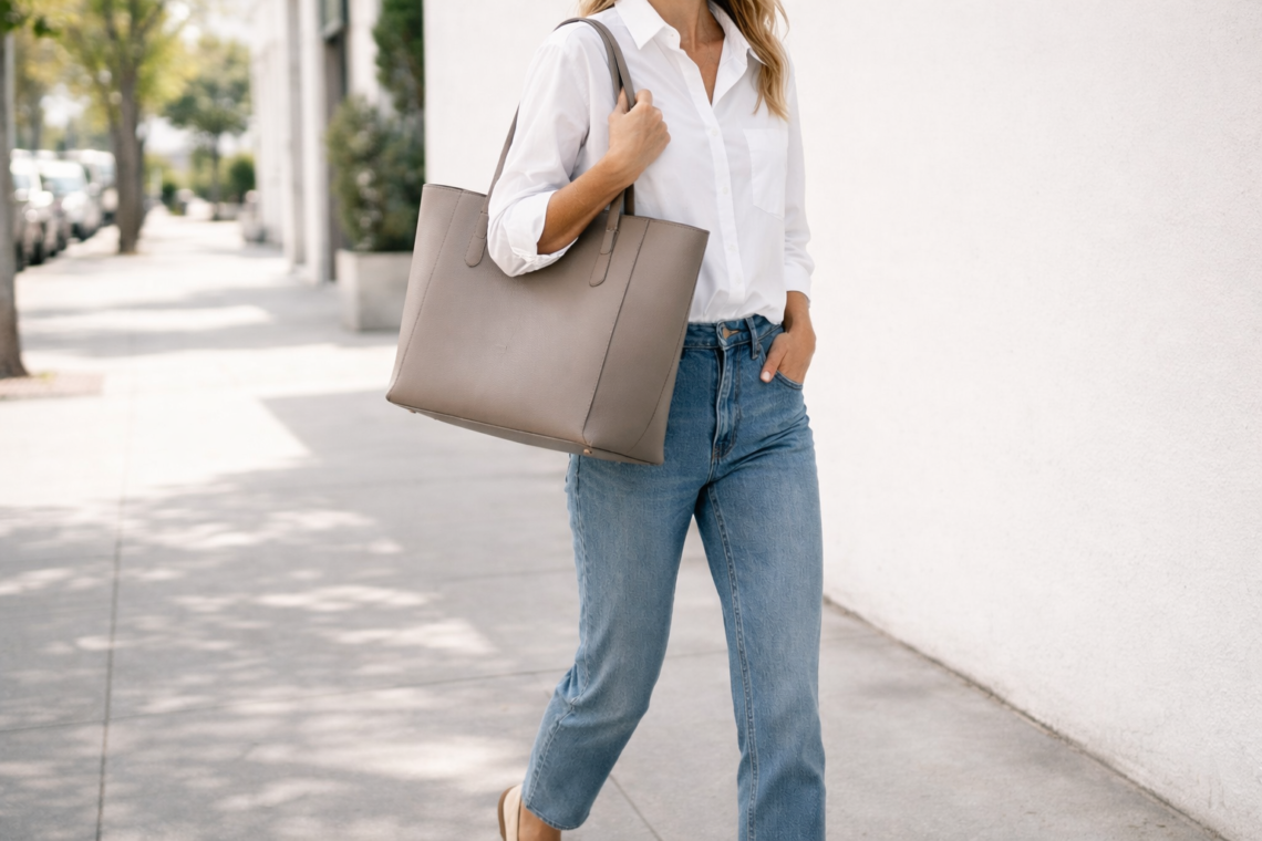 Woman carrying a structured leather tote bag styled with a white button-down shirt, straight-leg jeans and loafers in an effortless everyday outfit.