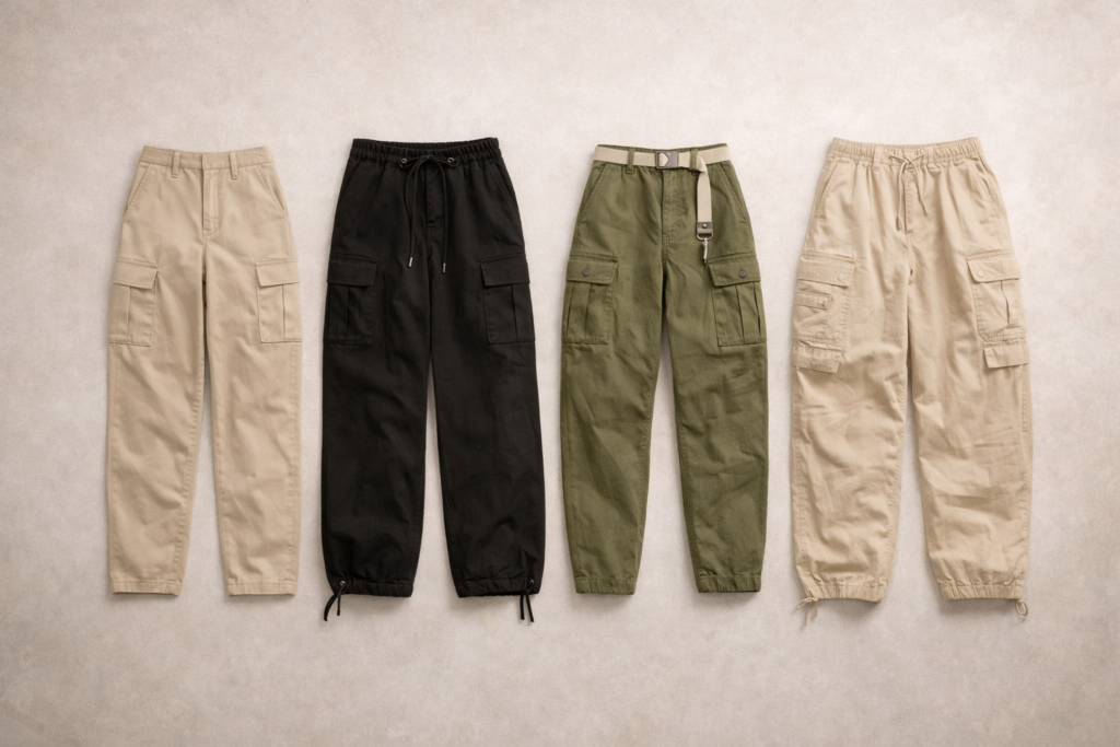 Different styles of cargo pants including tailored, wide-leg and oversized designs.
