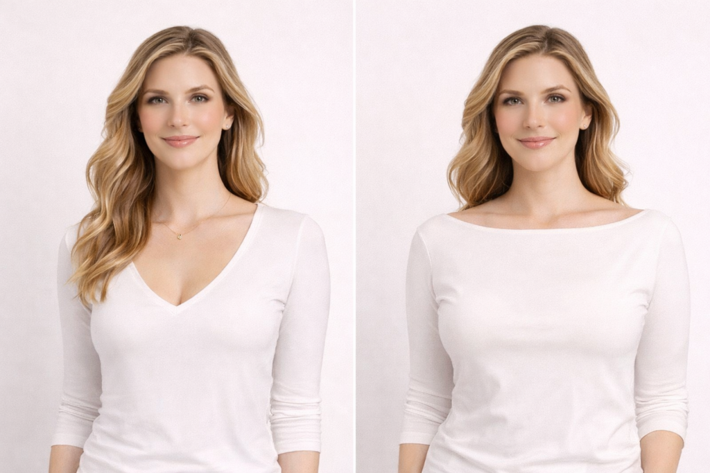 Visual comparison of V-neck vs boat neck showing elongating vertical effect versus widening horizontal effect on upper body proportions.