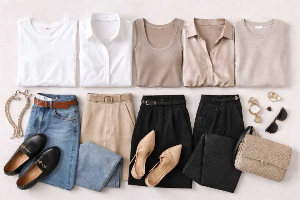 Flat lay of versatile women’s tops including white t-shirt, button-down shirt, ribbed tank top, silk blouse and knit sweater styled with jeans, trousers and neutral accessories.