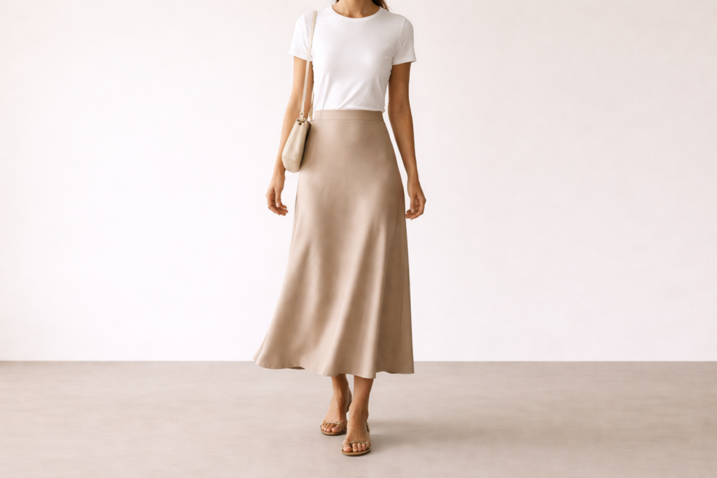 Woman wearing a neutral midi skirt outfit showing the mid-calf skirt length, styled with a simple top and sandals.