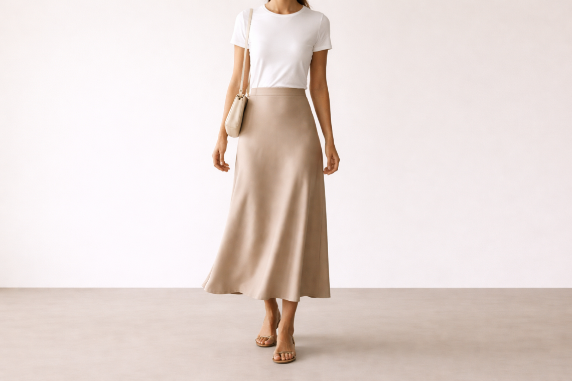 Woman wearing a neutral midi skirt outfit showing the mid-calf skirt length, styled with a simple top and sandals.