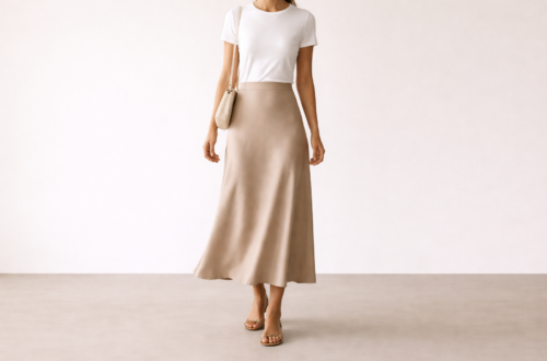 Woman wearing a neutral midi skirt outfit showing the mid-calf skirt length, styled with a simple top and sandals.