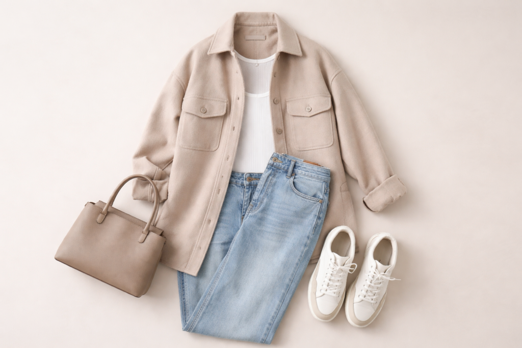 Neutral shacket outfit flat lay featuring a beige oversized shirt jacket, white ribbed tank, straight-leg jeans, white sneakers and taupe handbag on a minimalist background.