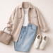 Neutral shacket outfit flat lay featuring a beige oversized shirt jacket, white ribbed tank, straight-leg jeans, white sneakers and taupe handbag on a minimalist background.