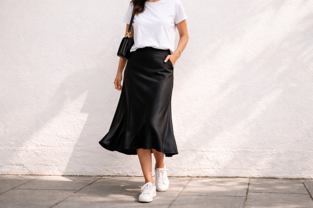 Black satin midi slip skirt styled with a white T-shirt and white sneakers in a minimalist everyday outfit, showing the fluid drape and bias-cut silhouette.