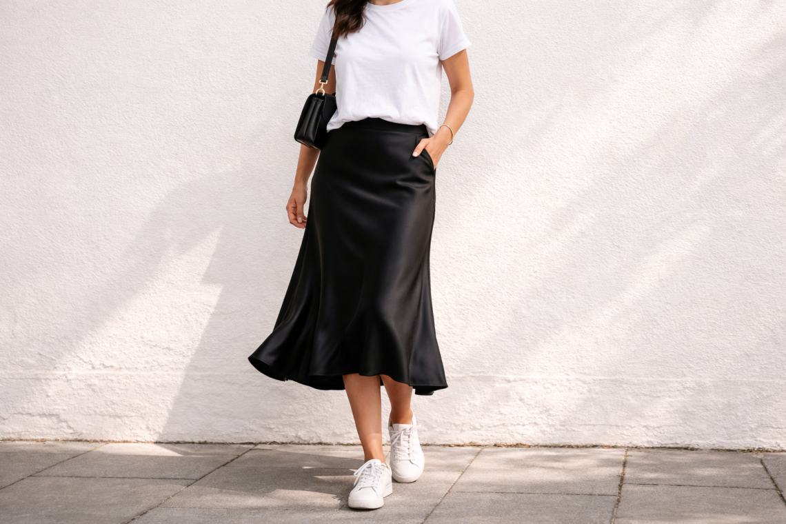 Black satin midi slip skirt styled with a white T-shirt and white sneakers in a minimalist everyday outfit, showing the fluid drape and bias-cut silhouette.