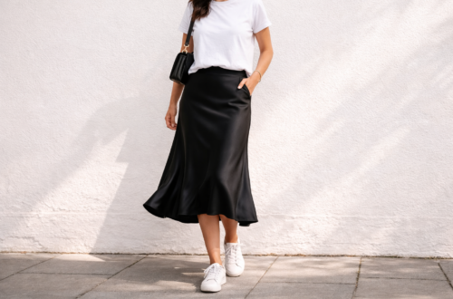 Black satin midi slip skirt styled with a white T-shirt and white sneakers in a minimalist everyday outfit, showing the fluid drape and bias-cut silhouette.