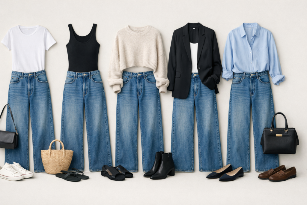 Outfit grid showing different ways to style wide leg jeans with fitted tops, blazers, tanks and sweaters for casual and work outfits.