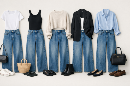 Outfit grid showing different ways to style wide leg jeans with fitted tops, blazers, tanks and sweaters for casual and work outfits.