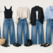 Outfit grid showing different ways to style wide leg jeans with fitted tops, blazers, tanks and sweaters for casual and work outfits.