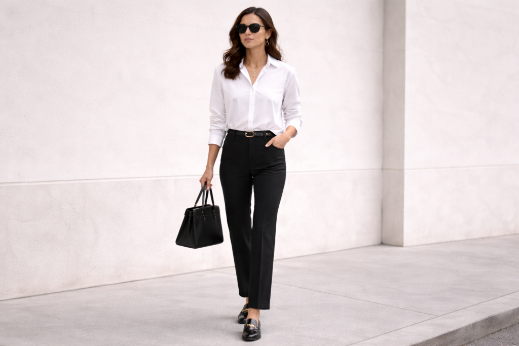 White button-down shirt styled with tailored trousers and loafers showing a timeless minimalist outfit that always looks polished.