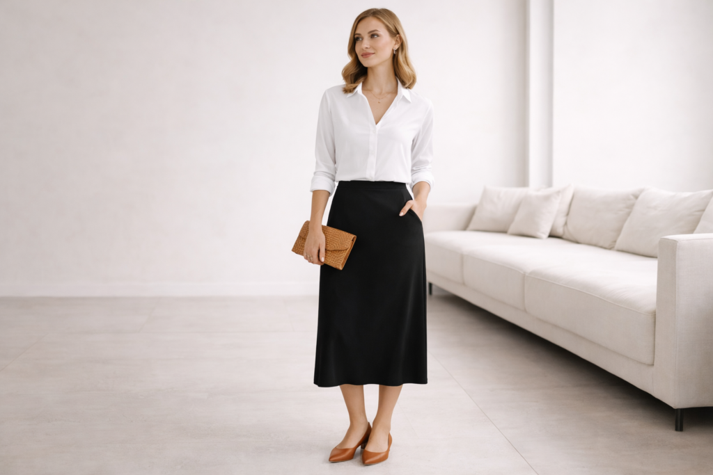 White shirt tucked into a midi skirt styled with flats for an elegant and refined everyday outfit.