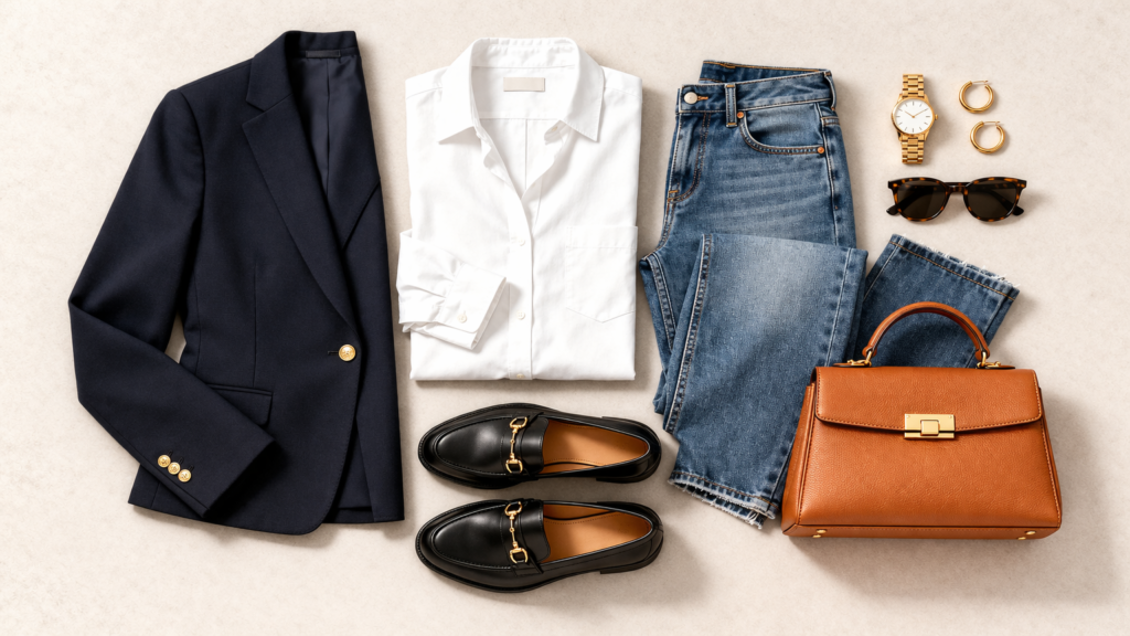 Flat lay showing a white shirt styled with jeans, blazer, loafers and a structured bag as a simple outfit formula.