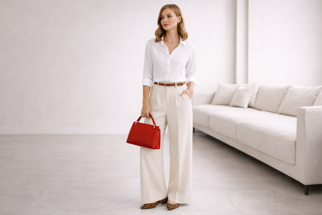 White shirt styled with statement accessories including a bold bag or shoes, creating a simple but elevated outfit.